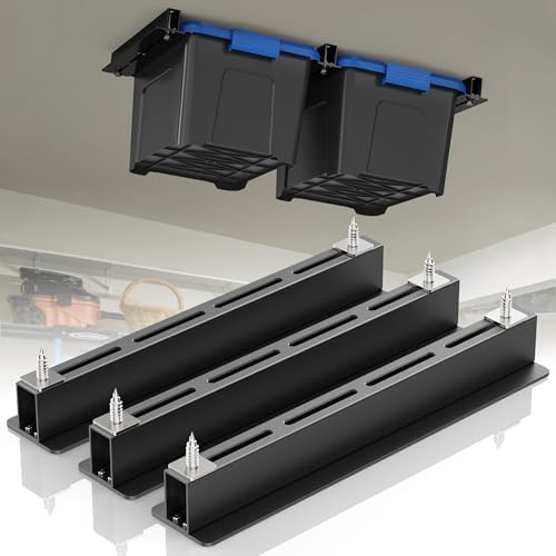 WooFog Overhead Garage Storage Rack, Garage Ceiling Storage Racks, Heavy Duty Storage Bin Ceiling Rails for 27 Gallon Totes，Tote Storage Rack System -Black (3 Sets for 2 Bins) by WooFog