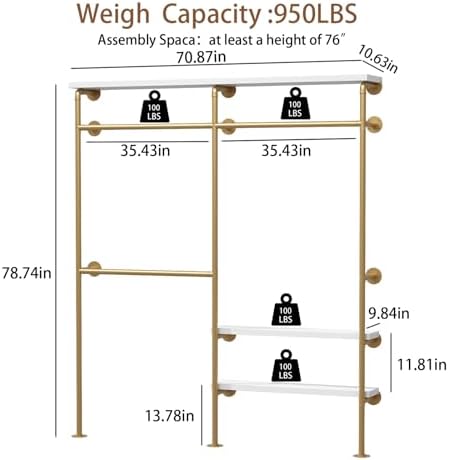 HOMEKAYT Industrial Pipe Clothes Rack with Shelves, Gold Clothing Rack Wall Mounted Heavy Duty Multi-Purpose Storage Clothes Hanging Shelf - 70.8''L Gold - Image 6