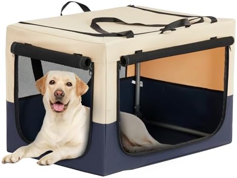 PETSFIT 36" Soft Portable Dog Crate – Patented Spiral Sturdy Frame, Collapsible Travel Kennel for Medium & Large Dogs, 3 Mesh Door, Lockable Zippers, Indoor & Car Use Navy Blue by Petsfit