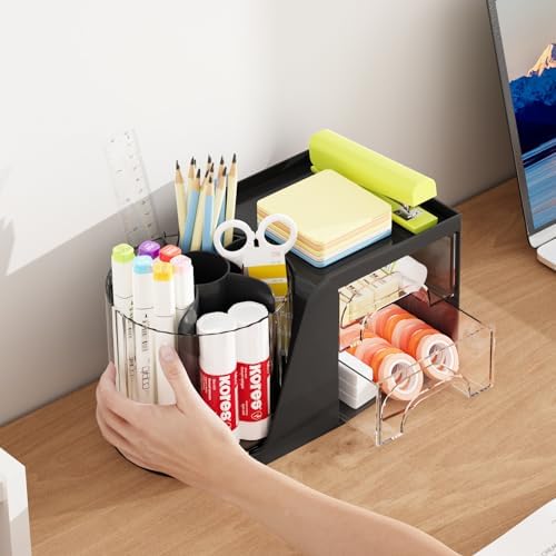 Marbrasse Desk Organizer with 2 Drawer, 360°Rotating Pen Holder, Desk Organizers and Accessories with 6 Slots Pencil Holder + 2 Drawer, Art Supply Storage Box Caddy for Office (Black) - Image 6