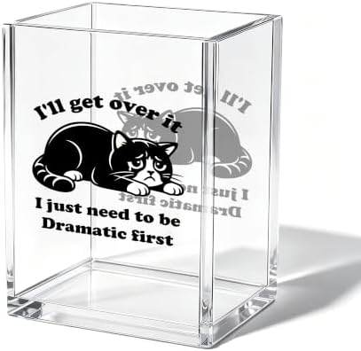Funny Cat Office Acrylic Cosmetic Pen Pencil Holder Cup, I'll Get Over It I Just Need to Be Dramatic First Cute Pencil Organizer, Humor Desk Decor, Emotional Support Gifts for Women Men （A28） by Unknown