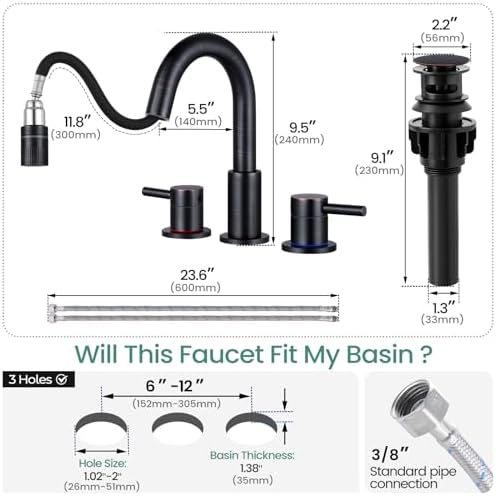 Bathroom Faucet 3 Hole with Pull Down Sprayer, Oil Rubbed Bronze - Image 4