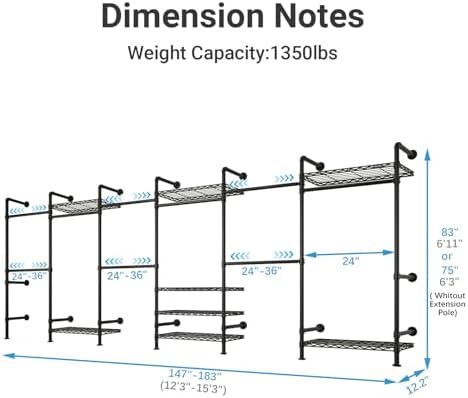Timate F6 Wall Mounted Clothes Rack - Expandable Industrial Pipe Closet System, Heavy Duty Hanging Garment Rack, Closet Organizer & Storage Solution for Wardrobe, Bedroom,Walk-in Closets,Black - Image 4