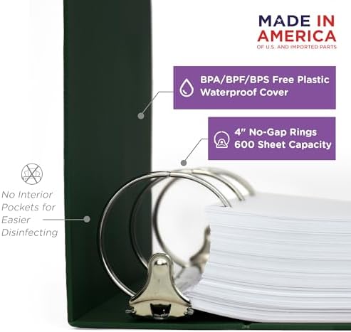 Carstens 4-Inch Heavy Duty 3-Ring Binder - Side Opening, Forest Green, Durable Plastic, Precision No-Gap Rings, Waterproof Cover, No Pockets, Holds 600 US Letter Sheets, BPA-Free Made in USA (1850-3R) - Image 2
