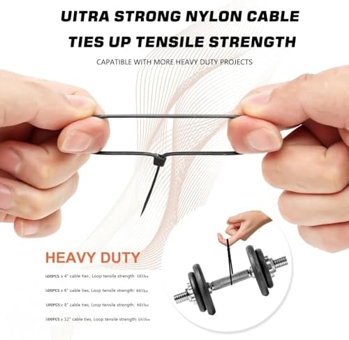 Zip Ties Assorted Sizes(4”+6”+8”+12”), 2000 Pack,Black Cable Ties,Multi-Purpose Self-Locking Nylon Cable Cord Management,Plastic Wire Ties for indoor and outdoor use. - Image 3
