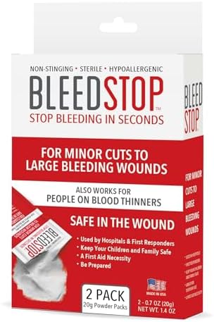 BleedStop™ First Aid Powder for Blood Clotting, Trauma Kit, Blood Thinner Patients, Camping Safety, and Survival Equipment for Moderate to Severe Bleeding Wounds or Nosebleeds - 2 (20g) Pouches by BleedStop