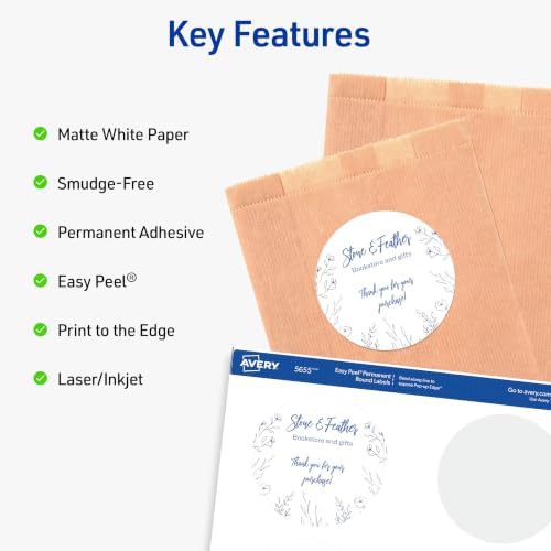 Avery® Printable Round Labels, Sure Feed® Technology, 3" Diameter, Matte White, Permanent Adhesive, Laser/Inkjet Printable, 150 Blank Labels, Great for Product Merchandising, Favors, and More (5655) - Image 2