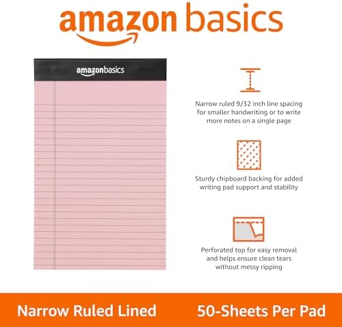 Amazon Basics Narrow Ruled Writing Pads, Perforated, 5" x 8", Multicolor, 50 Sheets (Pack of 72) - Image 2