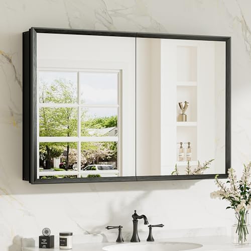 TokeShimi 36 x 24 Black Recessed Medicine Cabinets, Assembly Required, Bathroom Mirror Medicine Cabinet, Lightweight Aluminum Frame， Stepless Adjustable Shelves, Tempered Glass by TokeShimi