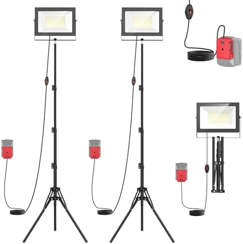 LIVOWALNY 200W LED Work Lights with Stand Compatible with Milwaukee Battery, 2PCS 20000LM Portable Tower Light IP66 Waterproof with 13FT Cord, Foldable Tripod Floodlight Garage Job Site(Tool Only) by LIVOWALNY