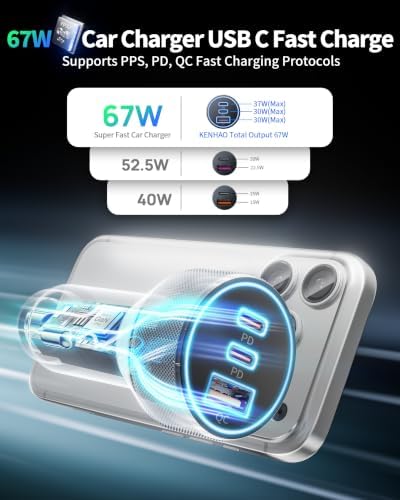 Car Charger USB C, 3 Port 67W Dual USB-C & USB-A Car Phone Charger Adapter - Image 2