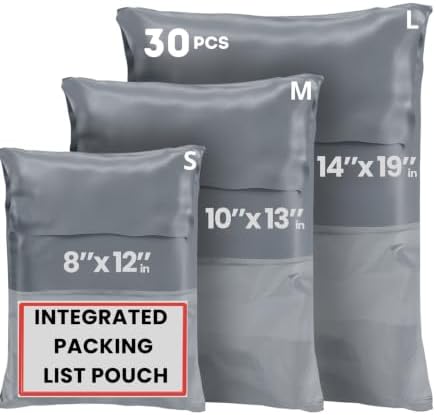 Poly Mailers Shipping Bags (30 Pack) — Self-Seal Plastic Mailing Envelopes, 3 Sizes incl. 8x12, poly mailers 10x13 & 14x19 — Tear & Water-Resistant Plastic Shipping Bags for Clothing Not Padded, Grey by Unknown
