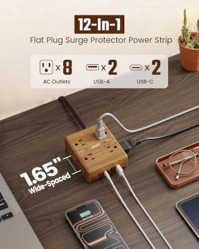 SUPERDANNY Brown Extension Cord 10Ft, Flat Plug Power Strip Surge Protector - Image 2