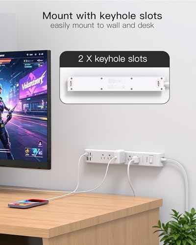 Long Power Strip Flat Plug Extension Cord, 10-in-1 with 6 AC Outlets 4 USB Ports(2 USB-C), Ultra Flat Plug Braided Extension Cord, Wall Mountable, 1080J Surge Protection - Image 6