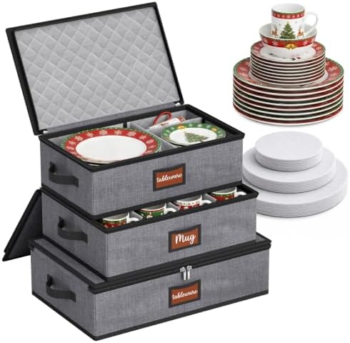 MISSLO Large Capacity China Storage Containers Hard Shell Plate Storage Containers, Kitchen Packing Moving Boxes for Dishes, Dinnerwares, Mugs Protectors, Grey, 3 Piece Set by MISSLO