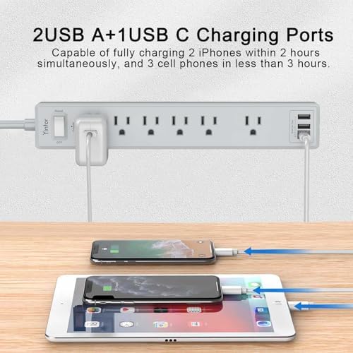 Yintar 10Ft Surge Protector Power Strip with 6 Outlets & 3 USB Ports, Grey - Image 3