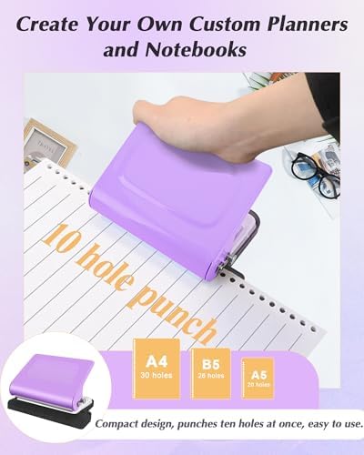 10 Hole Punch Binding Machine for Planners,Paper Puncher with Binder Rings,Punches Holes on B5,A4,A5 Paper,Metal Manual Binding System,Handheld Metal Circle Paper Puncher for Home Office Study,Purple - Image 5
