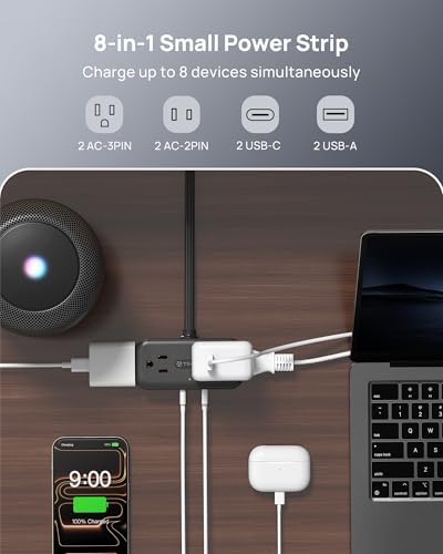TROND Flat Plug Power Strip, Small Extension Cord 10ft, 4 AC & 4 USB, White - Image 2