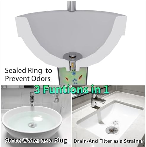 Bathroom Sink Stopper Drain Hair Catcher,3 in 1 Bathroom Sink Drain Strainer with Anti-Clogging Filter Basket,Sink Stopper Bathroom Drain for 1.06"~1.61" Drain Hole 2 PCS(Silver Chrome) - Image 2