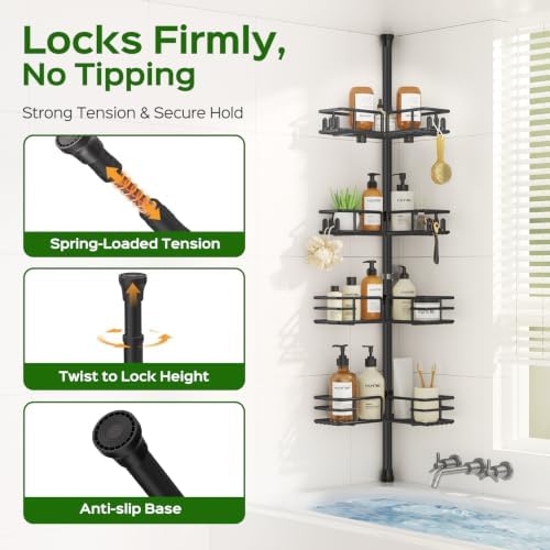 HAMITOR Shower Caddy Tension Pole, 4-Tier Rustproof Bathroom Organizer - Image 4