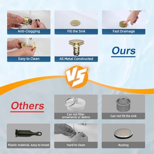 Hibbent Upgraded 3 in 1 Bathroom Sink Drain Strainer, Pop Up Sink Stopper with Big Push Cap, Anti-Clogging Metal Filter Basket,Sink Plug with Hair Catcher for 1.1''~2.36'' Basin, Brushed Gold - Image 6