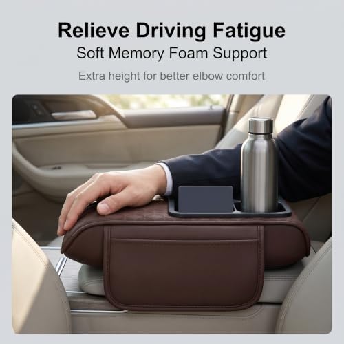 Car Armrest Cushion, Center Console Cover Pad with Cup Holder, Storage Box & Card Organizer, Breathable Pattern Armrest Support Pad, Universal for Most Cars SUVs Trucks (Coffee) - Image 4
