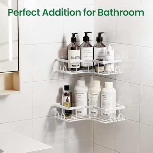 Adhesive Shower Caddy, 4 Pack Corner Bath Organizer, Rustproof Stainless Steel Shower Shelves with Large Capacity, No Drilling Shelves for Bathroom Storage, Home, Kitchen Décor (White). - Image 3