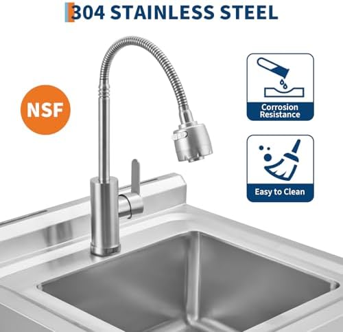 GarveeTech Commercial Stainless Steel Utility Sink with Faucet, Freestanding Laundry Sink with Adjustable Legs, Storage Shelf, Hooks, Backsplash, Hot & Cold Water for Kitchen, Garage, Outdoor, Farm - Image 3