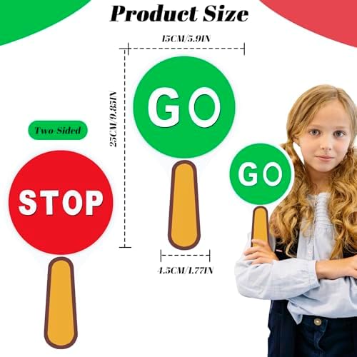 4 PCS Double Sided Stop Sign Handheld Children Red and Green Traffic Sign Lights for Children in the Classroom, Teaching Traffic Safety When Crossing the Street Road Signs, 9.84 x 7.08 inches - Image 2