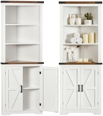 TEENFON Farmhouse Corner Cabinet, 70" H Tall Corner Hutch with 5 Shelves & 2 Barn Doors, Bathroom Cabinet with Adjustable Shelf, for Living Room, Kitchen, Bathroom, White by TEENFON