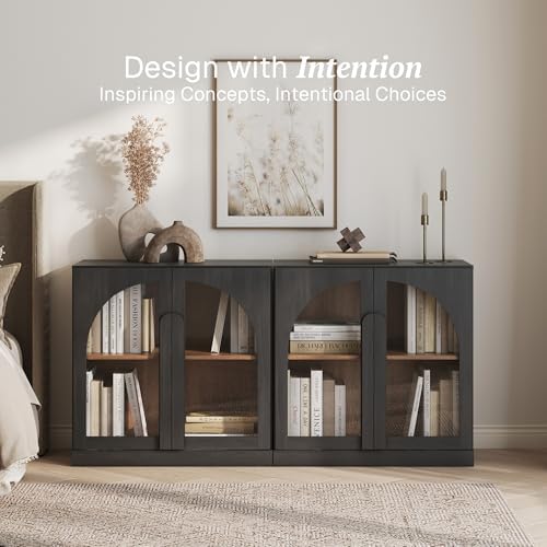 BELLEZE 2 Tier Bookshelf with Arched Glass Door, Set of 2 Modern Display Bookcase Shelf with Storage and Adjustable Shelves, 63" Wood Bookshelves for Living Room Office Entryway (Ebony) - Image 4