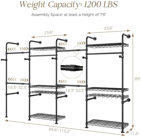 Closet Organizers Wall Mounted Closet System, 4-Row Heavy Duty Garment Clothes Rack, Industrial Pipe Clothing Rack with 4 Telescopic Rods, 2 Fixed Rods, 5 Hooks, 6 Shelves & 2 Pants Hangers for Rooms - Image 2