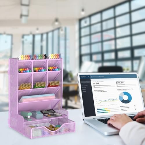 BOHDK Pen Organizer for Desk, Multi-Functional Desk Organizer, Wall Mount Pen Holder with Drawer for School, Office, Home, Art Supplies, Purple - Image 2