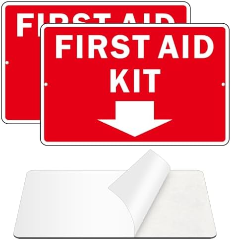 First Aid Sign, (2 Pack) Self Adhesive First Aid Kit Sign for Wall, Aluminum Metal Signs With 2 Pre-drilled Holes (9 x 6 inches, Red/White) by MongFun