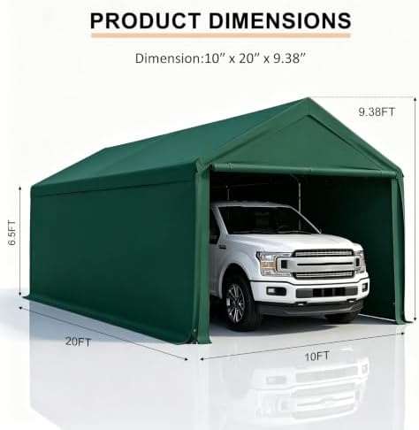 Carport 10x20 Ft Heavy Duty Canopy Steel Canopy Storage Shed,Portable Party Tent,Portable Garage with Removable Sidewalls & Doors All-Season Tarp for Carport Green - Image 2
