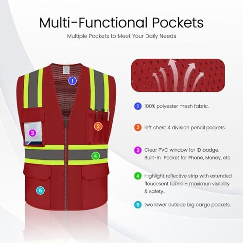 Hi Vis Safety Work Vest with Reflective Strip, Red, 3XL - Image 3