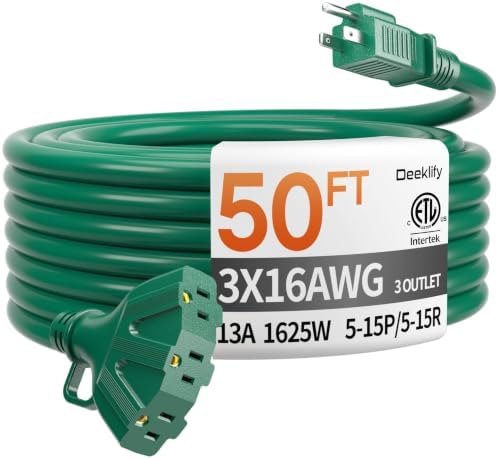 50FT 16 Gauge Green Outdoor Extension Cord with Multiple Outlets by Deeklify