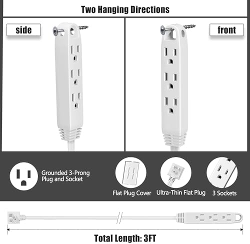 CABOCASA 3FT Flat Plug Extension Cord Power Strip 3 Outlets White Downward - Image 2
