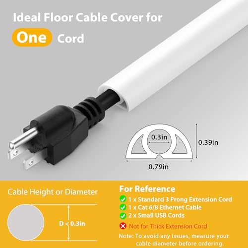 Floor Cable Cover 5ft for 1 Cable, Narrow 0.8in Wire Protector, White - Image 2
