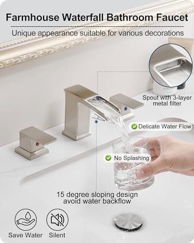 Waterfall Bathroom Faucet 3 Hole, Brushed Nickel 8 Inch 2 Handles - Image 3