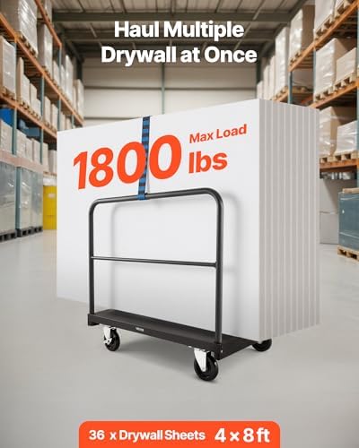 VEVOR Drywall Cart Dolly, 1800 lbs Load Capacity, 2-in-1 Steel Panel Truck Cart with 5 inch Swivel Casters, 36 x 24 inch Platform Truck with 3 Side Handrails for Factory, Warehouse, Garage, Black - Image 2