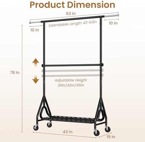 Heavy Duty Clothes Rack for Hanging Clothes, Double Rods Clothing Rack with Lockable Wheels, Rolling Garment Racks with Shelf, Easy to Assemble, Black - Image 7