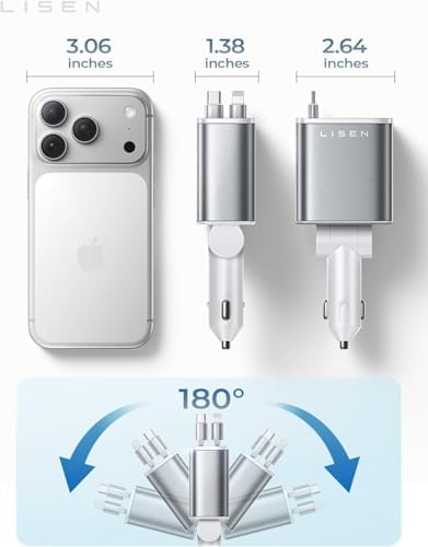 LISEN Retractable Car Charger for iPhone, for iPhone 17 Pro Max 16 15 14 13 12 Plus Mini, Cute 4 in 1 Retractable USB C Car Charger Fast Charge for Women Men, 84W Fast Charging Car Accessorie - Image 5