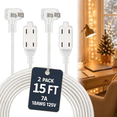 Clear Extension Cord 15FT, 3 Outlets, 0.6-Inch Flat Plug, 2 Pack by haultop