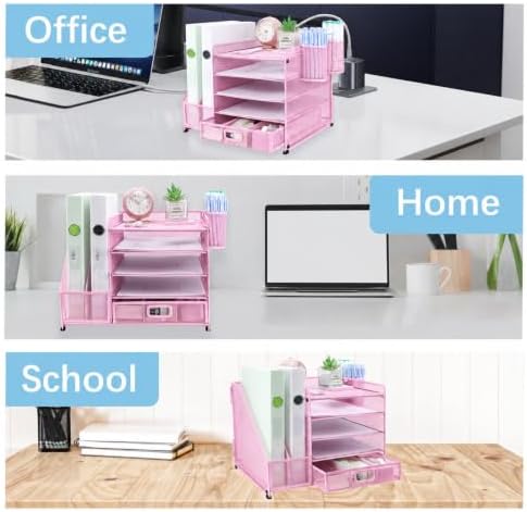 Desk Organizers and Accessories with File Holder, 5-Tier Paper Letter Tray Organiser with Drawer and 2 Pen Holder, Mesh Desktop Document Organizer for Office Supplies, Workspace - Pink - Image 7