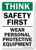 SmartSign 10 x 7 inch “Think - Safety First, Wear Personal Protective Equipment” Sign, Digitally Printed, 55 mil HDPE Plastic, Green, Black and White by SmartSign