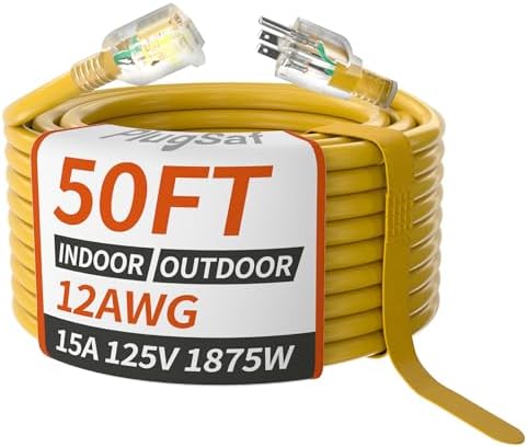 PlugSaf 12 Gauge 50FT Yellow Outdoor Extension Cord Waterproof with Lighted by PlugSaf