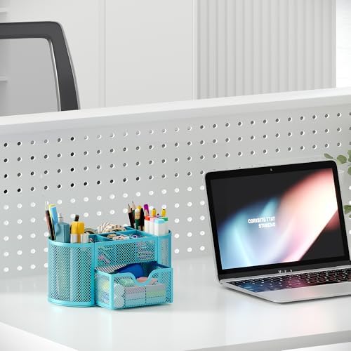 EasyPAG Mesh Pen Holder Desk Organizer with Drawer Stationery Supplies Organizer for Dorm School 9 Compartments Workspace Desk Accessories Organization for Office, Blue - Image 6