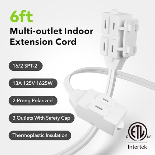 BN-LINK 6 ft 3 Outlet Indoor Extension Cord 16/2 SPT-2, 2 Pack White, 2 Prong Polarized Plug, Household Power Cord for Home, Office, and Holiday Decorations - Image 4