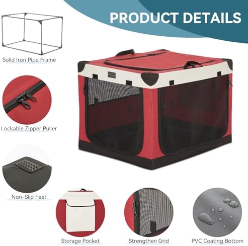 PETSFIT 26" Soft Portable Dog Crate – Patented Spiral Sturdy Frame, Collapsible Travel Kennel for Small Dogs, 3 Mesh Door, Lockable Zippers, Indoor & Car Use Red - Image 5